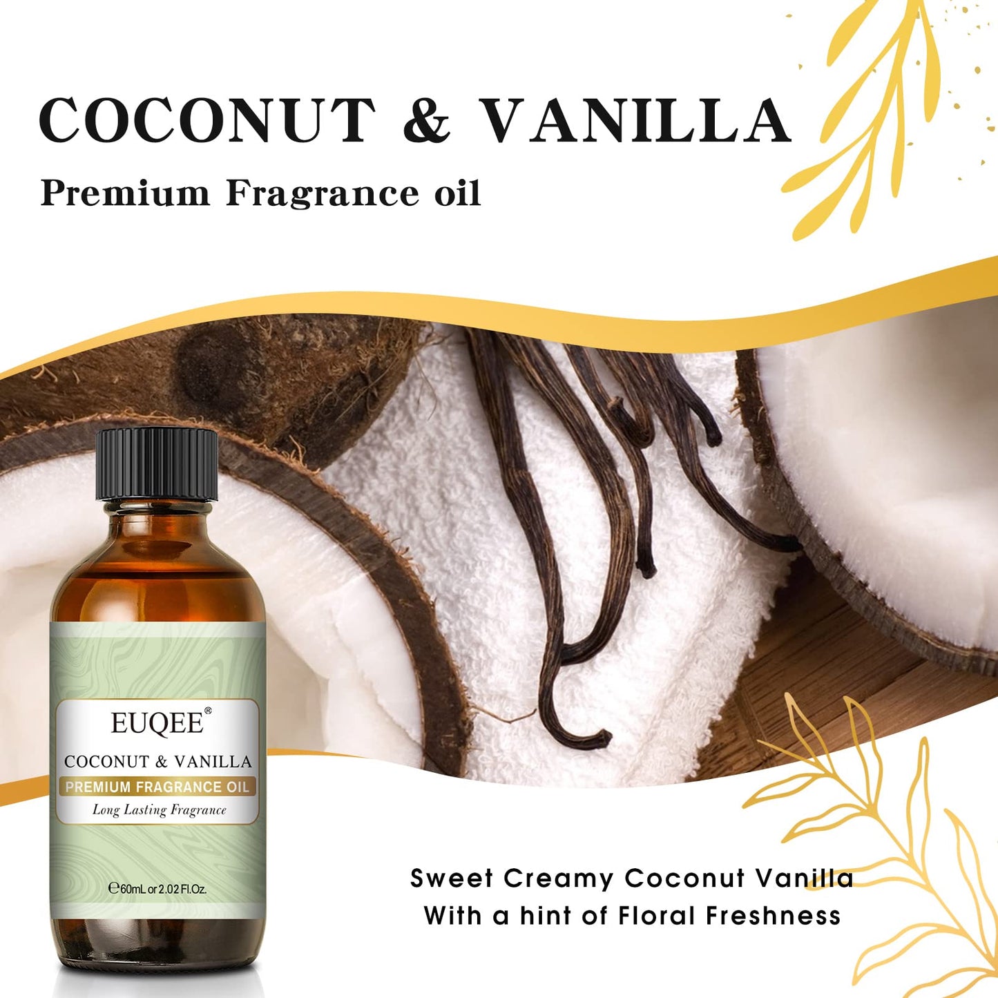 Coconut & Vanilla Fragrance Oils - Premium Essential Oils with Glass Dropper (60 ml / 2.02 fl oz) for Diffusers, Candles & Soaps