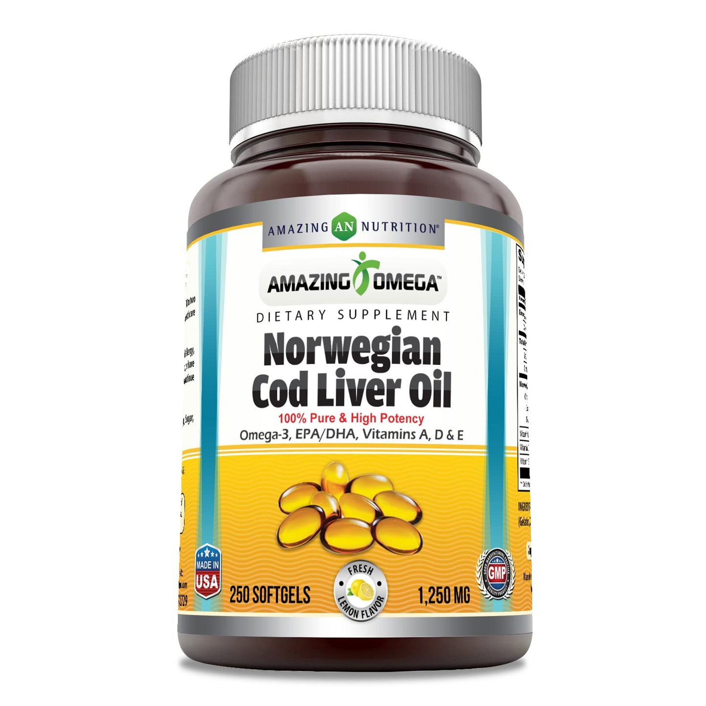 Amazing Omega Norwegian Cod Liver Oil 1250 mg Softgels – Omega-3 EPA DHA (Lemon, 250 Count)