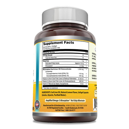 Amazing Omega Norwegian Cod Liver Oil 1250 mg Softgels – Omega-3 EPA DHA (Lemon, 250 Count)