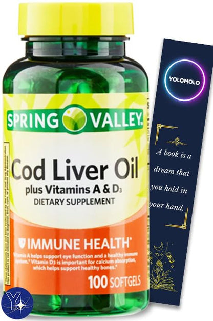 Cod Liver Oil with Vitamins A & D3 Immunity Softgels – Spring Valley 100 Count + YOLOMOLO Bookmark Gift