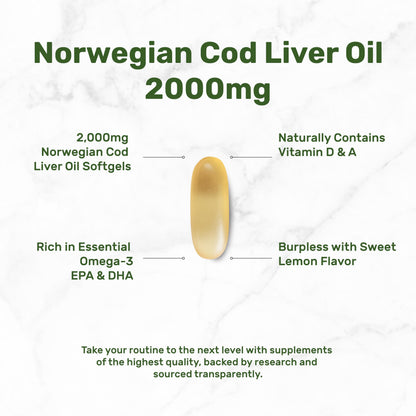 Wild Caught Cod Liver Oil 2,000mg | 240 Softgels | Burpless Lemon Flavor