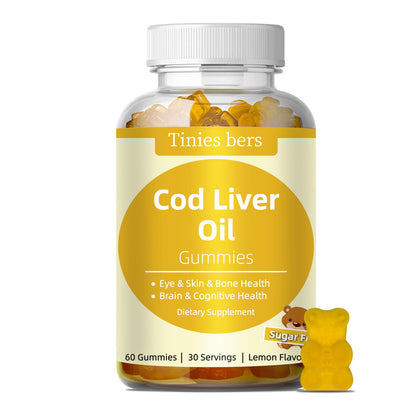 Cod Liver Oil Gummies 1000mg – Sugar Free, Omega-3s, Vitamins A & D | Adults & Kids | Gluten Free, Non-GMO, Pectin | 60 Count