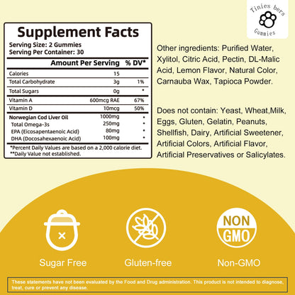 Cod Liver Oil Gummies 1000mg – Sugar Free, Omega-3s, Vitamins A & D | Adults & Kids | Gluten Free, Non-GMO, Pectin | 60 Count