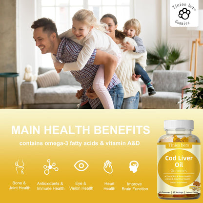 Cod Liver Oil Gummies 1000mg – Sugar Free, Omega-3s, Vitamins A & D | Adults & Kids | Gluten Free, Non-GMO, Pectin | 60 Count