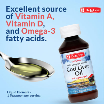 De La Cruz Cod Liver Oil Liquid – Pure Wild-Caught Icelandic Fish Oil 4 FL OZ (118 mL)
