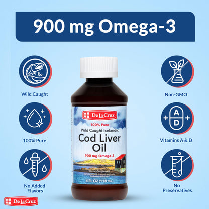 De La Cruz Cod Liver Oil Liquid – Pure Wild-Caught Icelandic Fish Oil 4 FL OZ (118 mL)