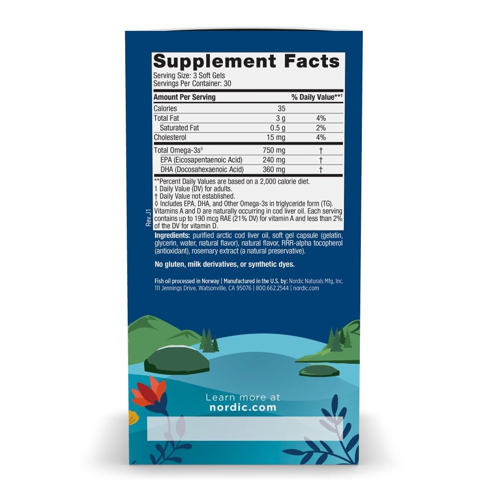 Nordic Naturals Arctic Cod Liver Oil Lemon - 90 Soft Gels (750 mg Omega-3)