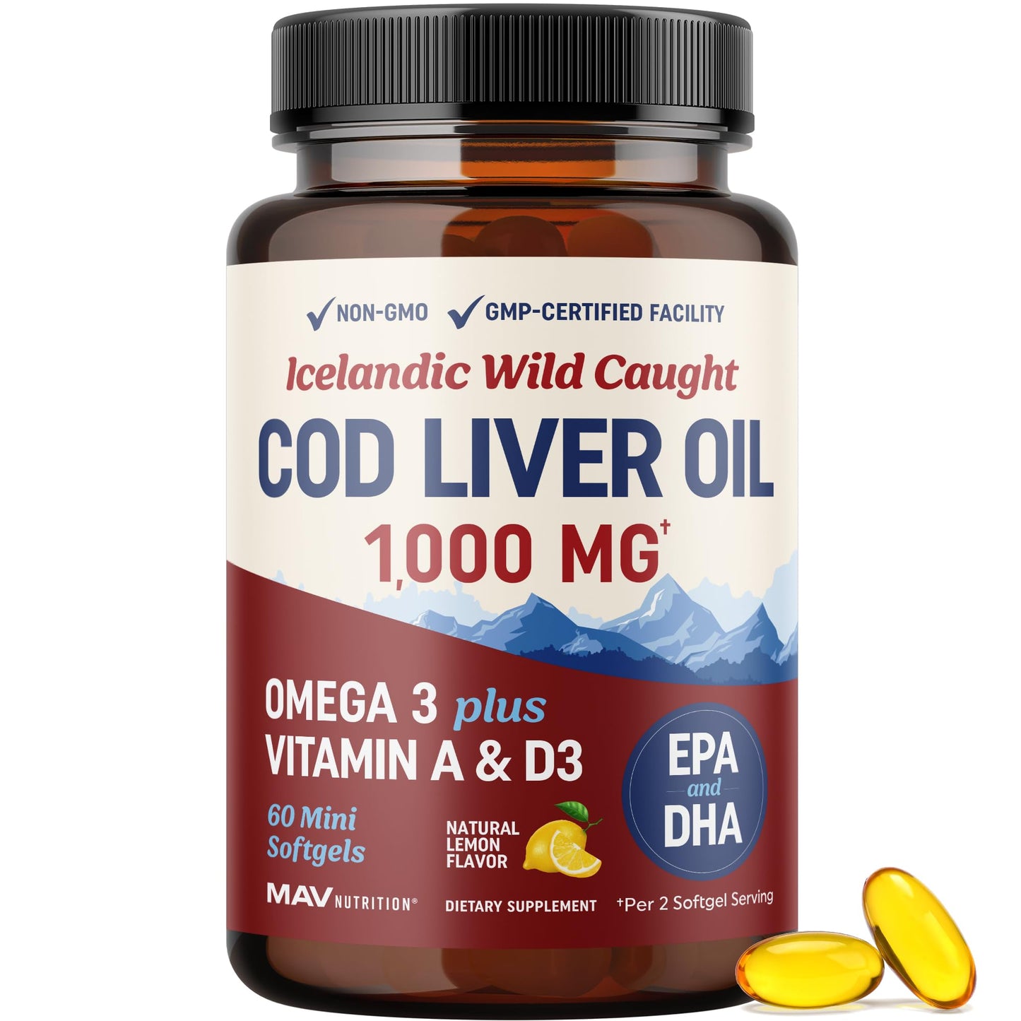 Cod Liver Oil Softgels 1000mg | Omega-3 EPA/DHA + Vitamins A & D3 | Icelandic Wild-Caught, Molecularly Distilled | 60 Count