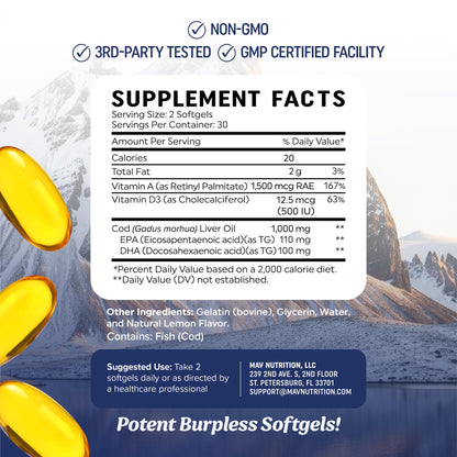 Cod Liver Oil Softgels 1000mg | Omega-3 EPA/DHA + Vitamins A & D3 | Icelandic Wild-Caught, Molecularly Distilled | 60 Count