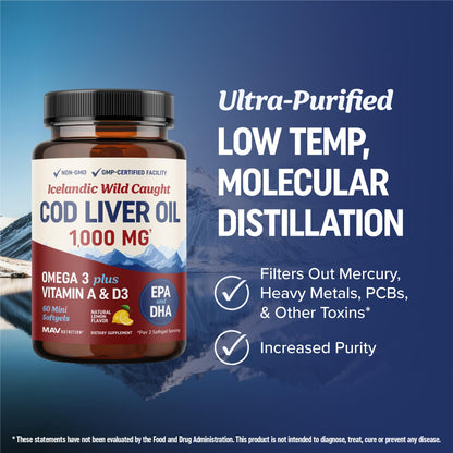 Cod Liver Oil Softgels 1000mg | Omega-3 EPA/DHA + Vitamins A & D3 | Icelandic Wild-Caught, Molecularly Distilled | 60 Count
