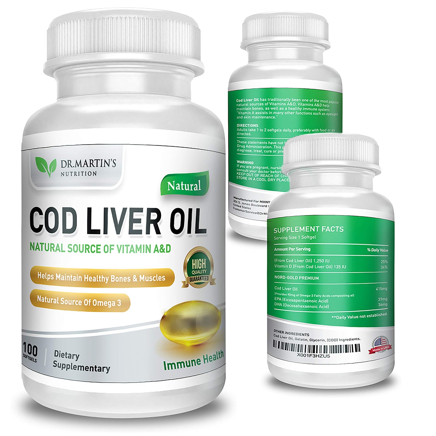 Burpless Cod Liver Oil - 100 Softgels | Omega-3 EPA & DHA + Vitamins A & D | Immune, Heart & Brain Support