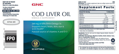 GNC Cod Liver Oil Omega-3 260mg EPA/DHA – Supports Heart, Brain, Skin, Eye & Joint Health | 90 Softgels