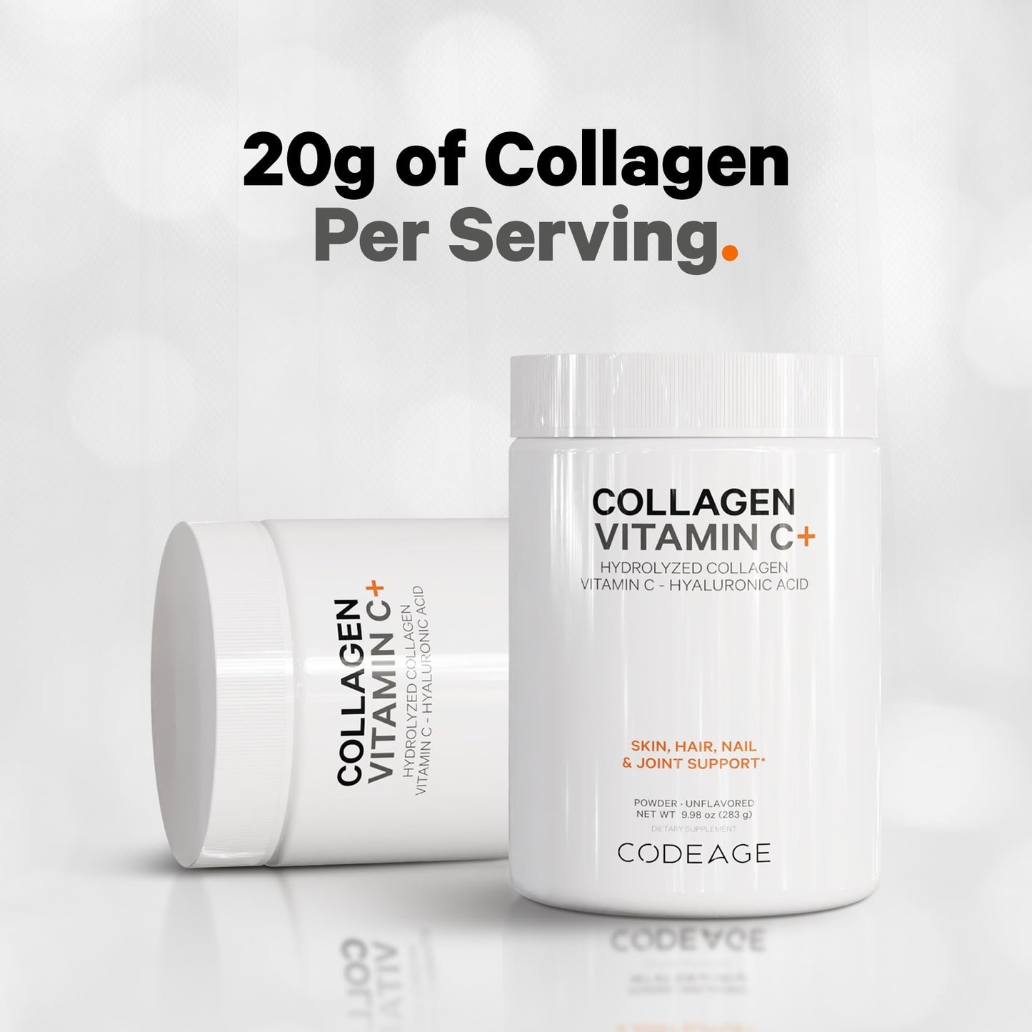 Codeage Collagen Peptides Powder + Vitamin C – Grass-Fed, Unflavored, 20g per Serving, 9.98 oz
