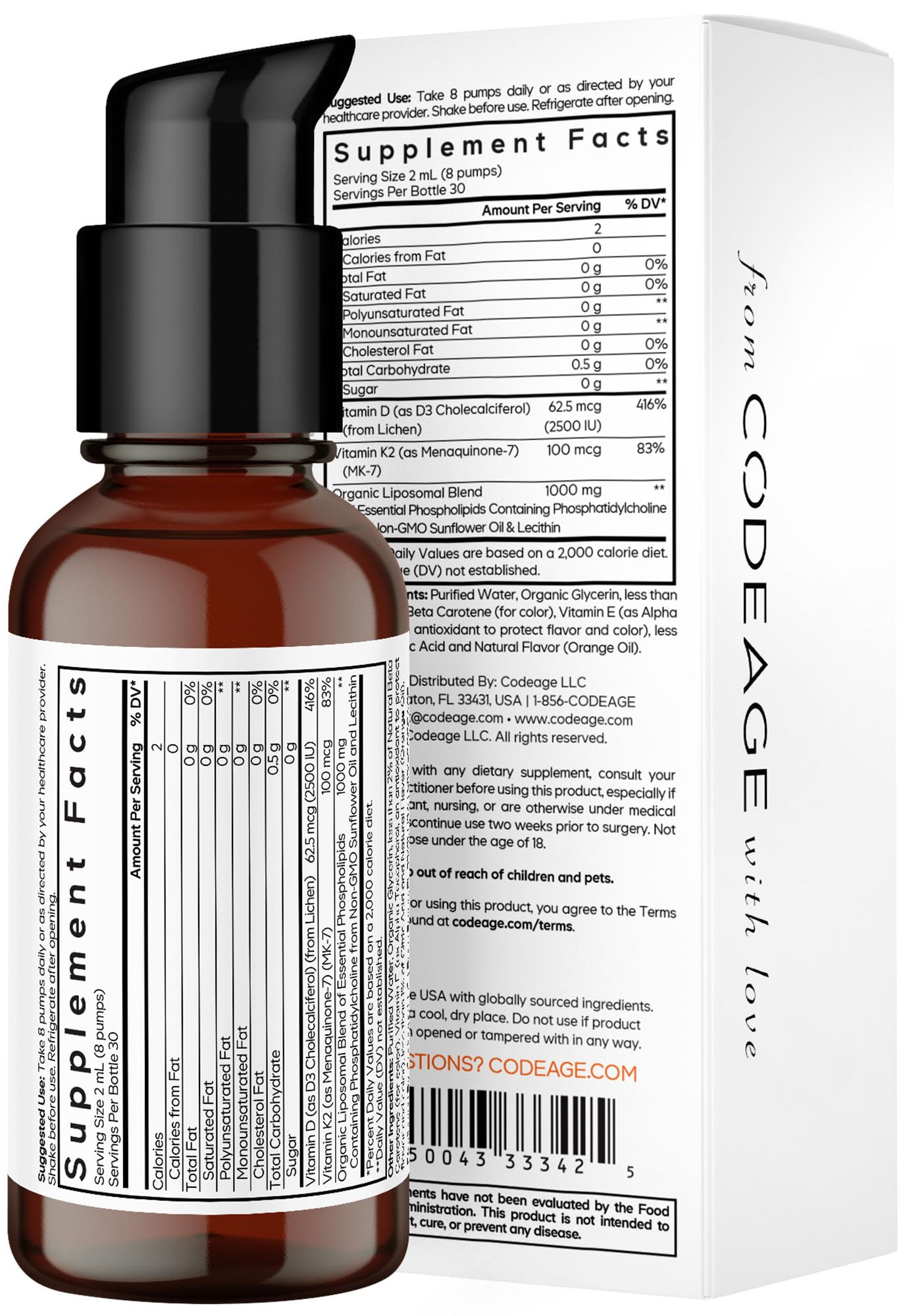 Codeage Liposomal Vitamin D3 K2 Liquid – Vegan, Non-GMO, 2 fl oz