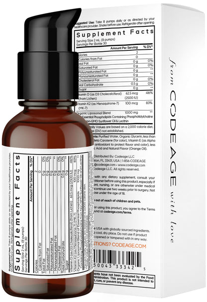 Codeage Liposomal Vitamin D3 K2 Liquid – Vegan, Non-GMO, 2 fl oz
