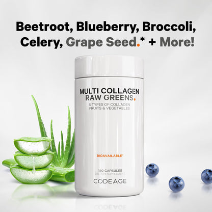 Codeage Multi Collagen Protein + Organic Raw Greens Capsules – 5 Types, 21 Fruits & Veggies, Grass-Fed Hydrolyzed Collagen, 180 Count