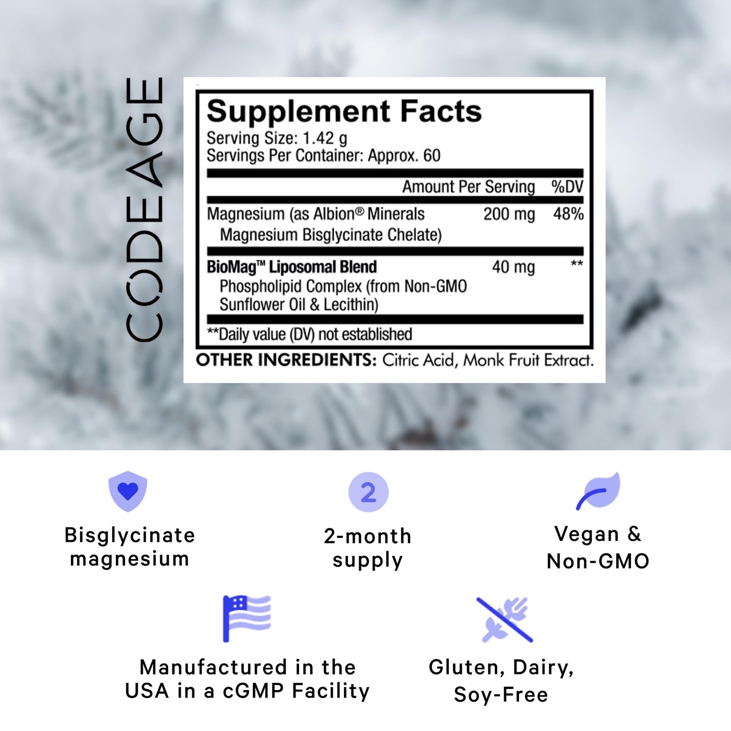 Codeage Liposomal Magnesium Glycinate Powder – 2-Month Supply (Unflavored)