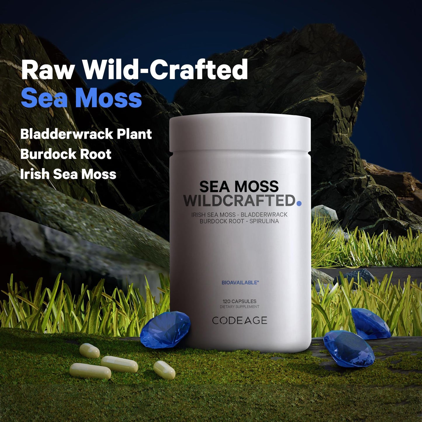 Codeage Raw Wildcrafted Irish Sea Moss + Spirulina, Bladderwrack, Burdock – 120 Capsules