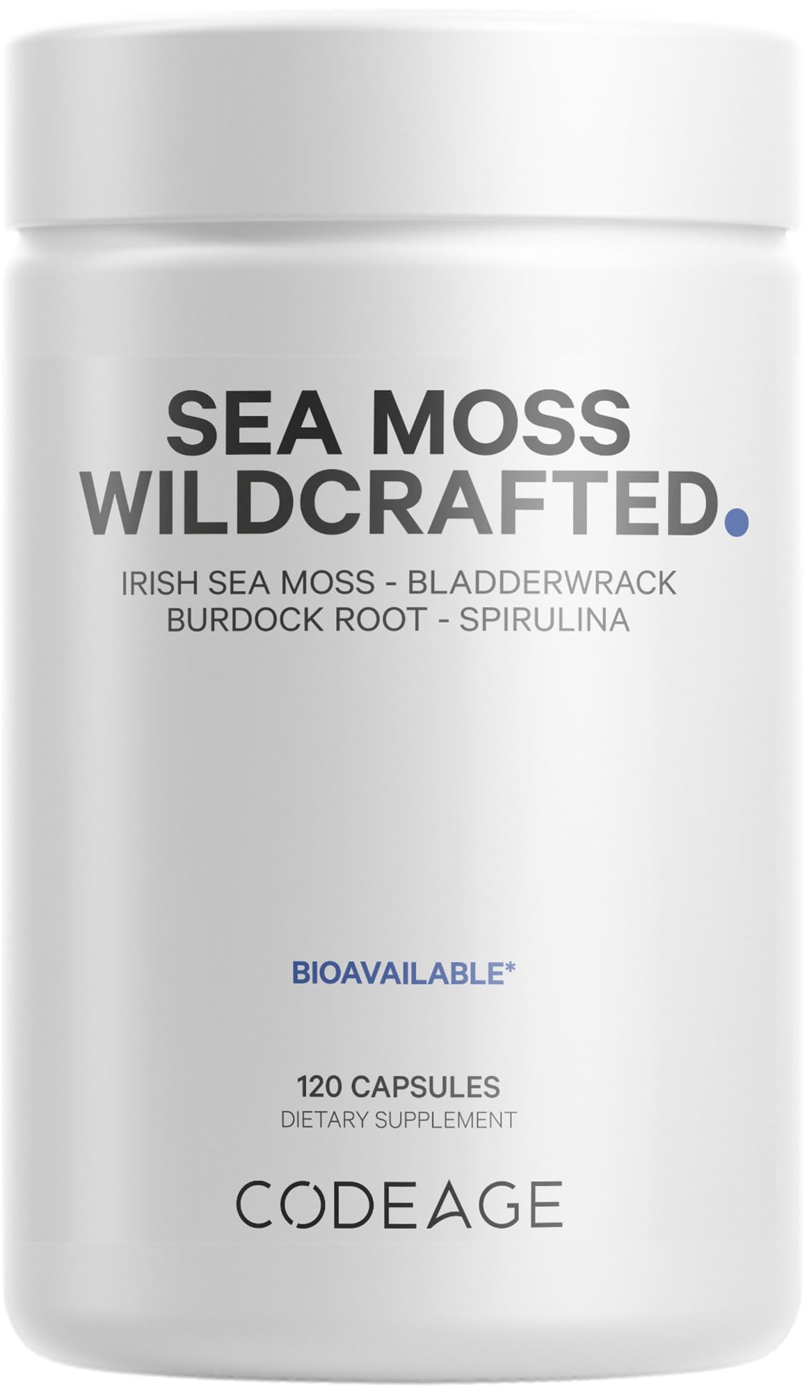 Codeage Raw Wildcrafted Irish Sea Moss + Spirulina, Bladderwrack, Burdock – 120 Capsules