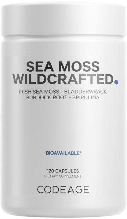 Codeage Raw Wildcrafted Irish Sea Moss + Spirulina, Bladderwrack, Burdock – 120 Capsules