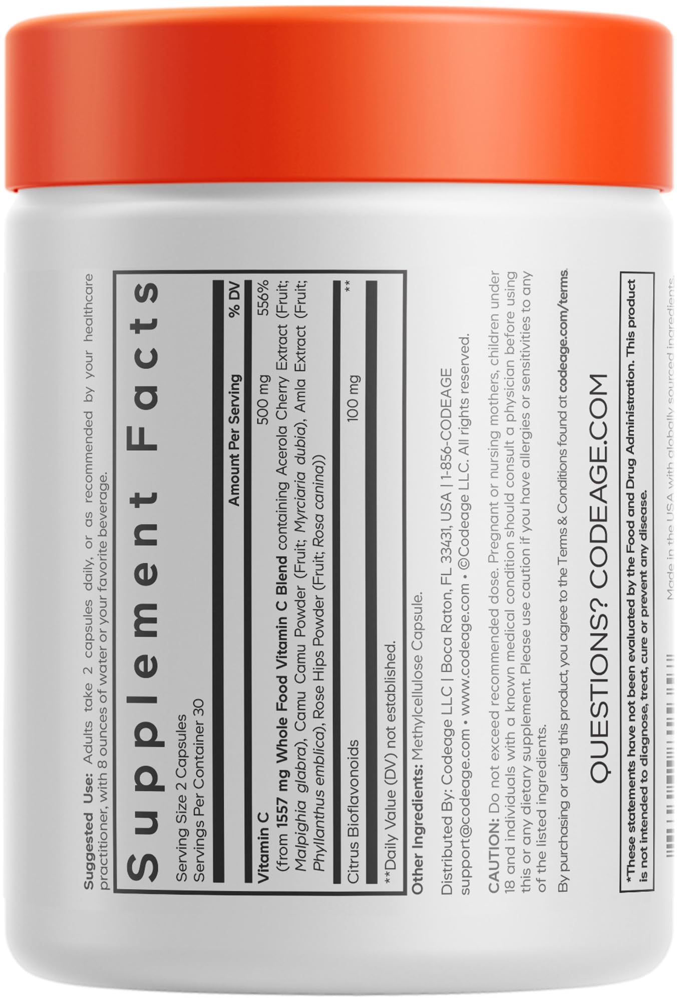 Codeage Whole Food Vitamin C Supplement — Acerola, Camu Camu, Amla & Rose Hips, 500mg, 60 Capsules