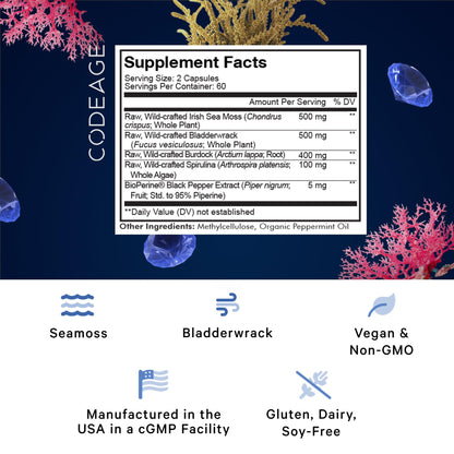 Codeage Raw Wildcrafted Irish Sea Moss + Spirulina, Bladderwrack, Burdock – 120 Capsules