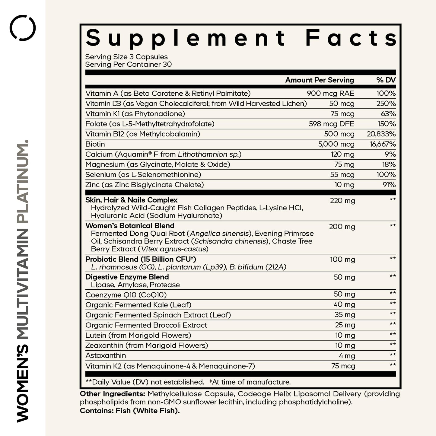 Codeage Women’s Multivitamin Platinum – A, D3, K1, K2, B12, CoQ10, Collagen, Probiotics • 90 Capsules
