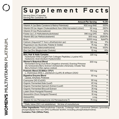 Codeage Women’s Multivitamin Platinum – A, D3, K1, K2, B12, CoQ10, Collagen, Probiotics • 90 Capsules