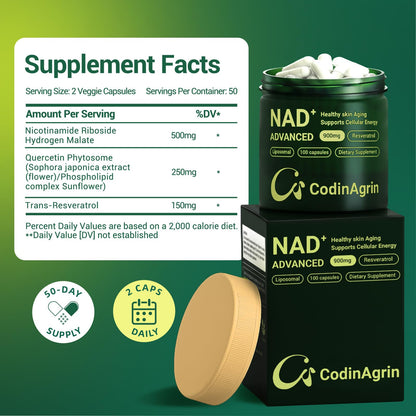 CodinAgrin NAD+ Supplement with Resveratrol 900mg | Cellular Energy, Anti-Aging & Mental Clarity | Non-GMO, Vegetarian | 100 Capsules