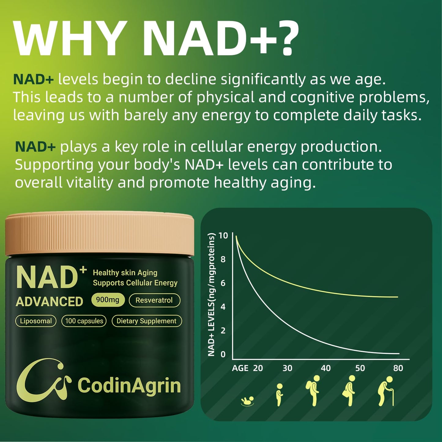 CodinAgrin NAD+ Supplement with Resveratrol 900mg | Cellular Energy, Anti-Aging & Mental Clarity | Non-GMO, Vegetarian | 100 Capsules