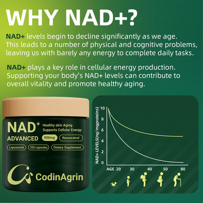 CodinAgrin NAD+ Supplement with Resveratrol 900mg | Cellular Energy, Anti-Aging & Mental Clarity | Non-GMO, Vegetarian | 100 Capsules
