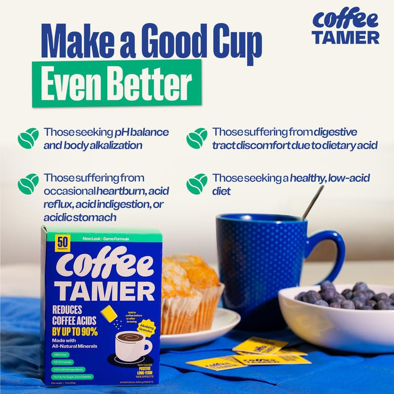 Coffee Tamer Acid Reducer – 50 Packets | Low-Acid Coffee Formula