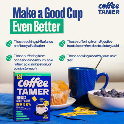 Coffee Tamer Acid Reducer – 50 Packets | Low-Acid Coffee Formula