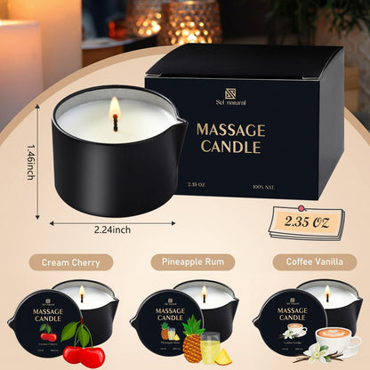 3 Pack Massage Oil Candles 2.35oz – Low Temp Wax (Cream Cherry, Coffee Vanilla, Pineapple Rum)