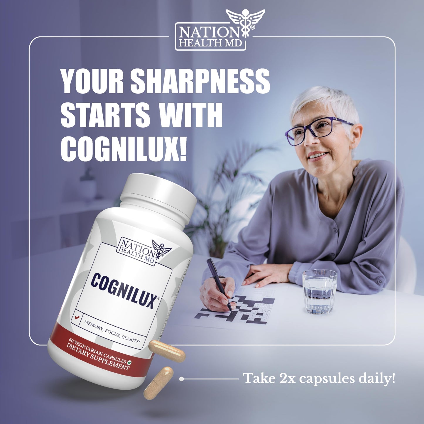 Cognilux by Nation Health MD | Brain Supplements for Memory & Focus | Nootropic with Niacin, B6, GABA | 60 Capsules