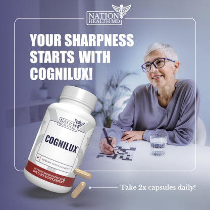 Cognilux by Nation Health MD | Brain Supplements for Memory & Focus | Nootropic with Niacin, B6, GABA | 60 Capsules