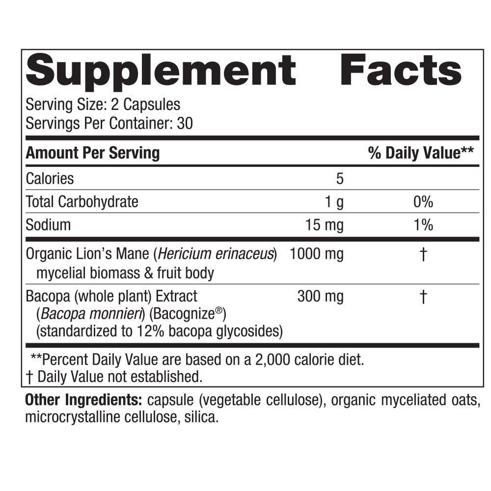 Nordic Naturals Cognition Mushroom Complex – Lion’s Mane & Bacopa, Unflavored, 60 Capsules