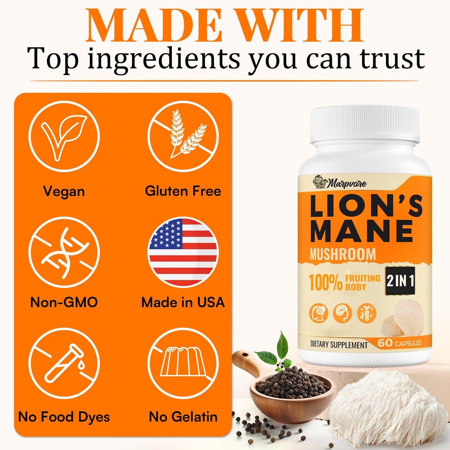 50X Strength Lions Mane 1400mg | Memory & Focus Brain Supplement - 60 Capsules