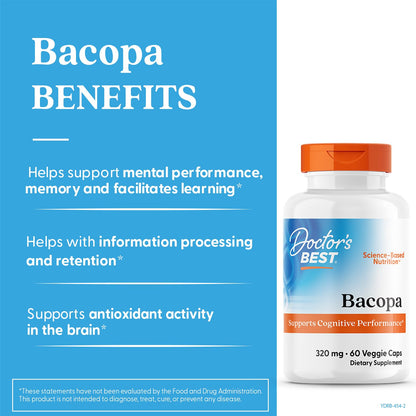 Doctor's Best Bacopa with Synapsa – Supports Cognitive Performance | Non-GMO, Gluten Free, Soy Free, Vegan | 60 Veggie Caps
