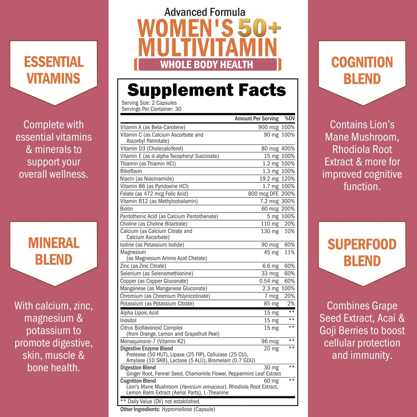 Daily Multivitamin for Women 50+ – Memory Support & Immune Health | 60 Capsules