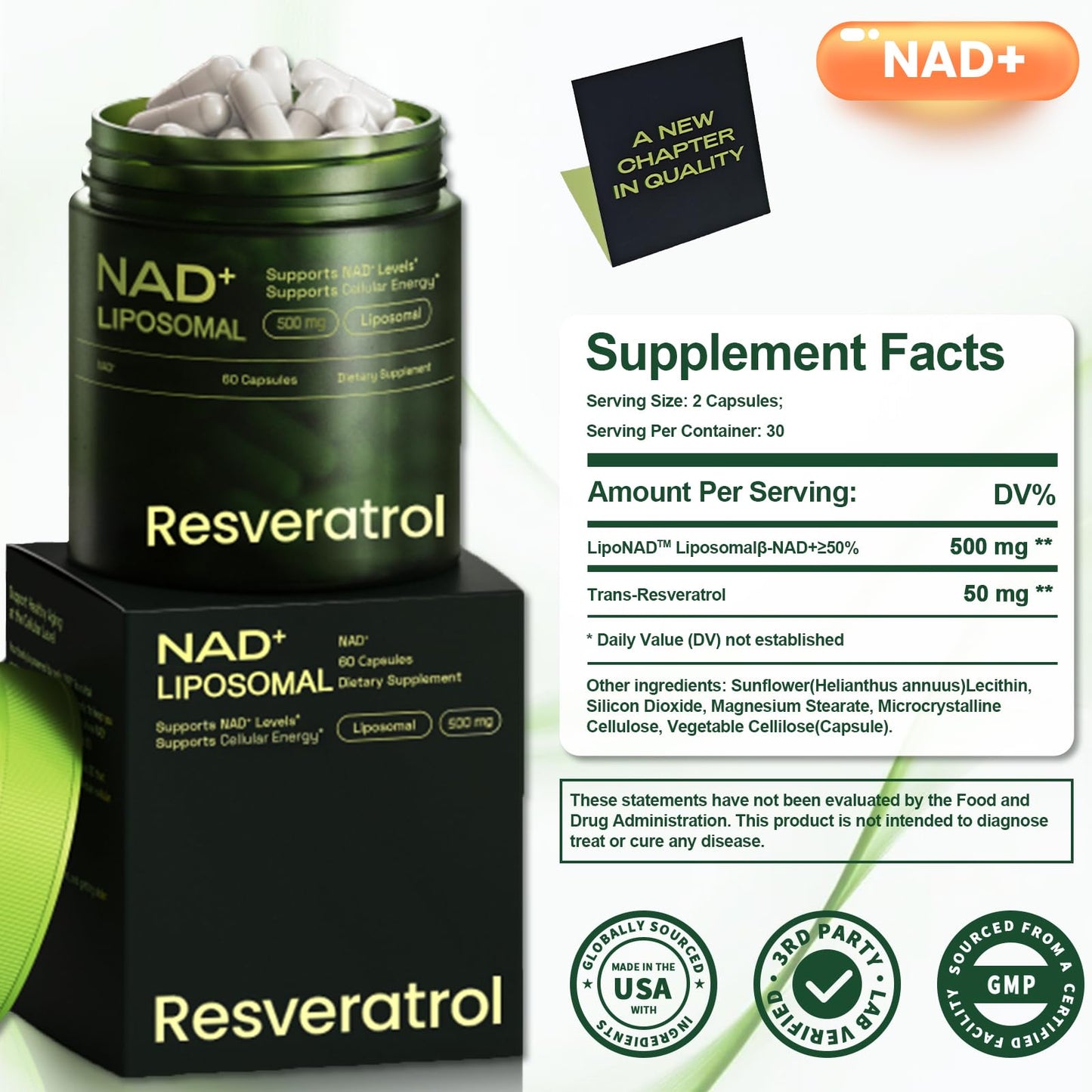 Cohbskj NMNH NAD Nicotinamide Riboside Resveratrol Liposomal NAD+ – 60 Capsules (30-Day Supply)