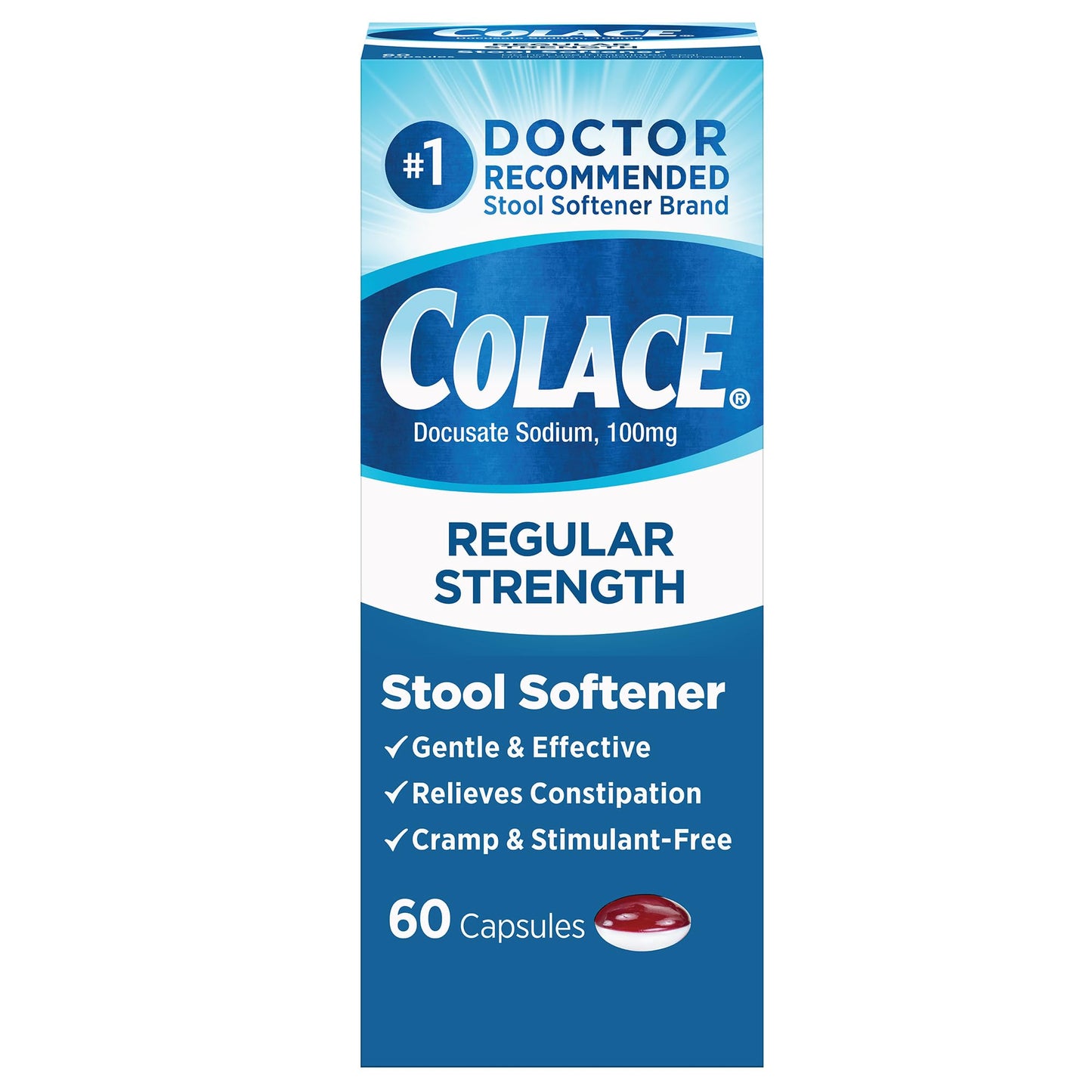 Colace Stool Softener 100 mg – 60 Capsules | Gentle, Doctor-Recommended, Stimulant-Free Relief