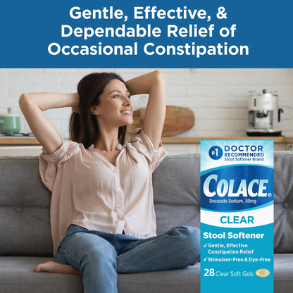 Colace Clear Dye-Free Stool Softener Soft Gel Capsules 50 mg – 28 Count | Doctor Recommended