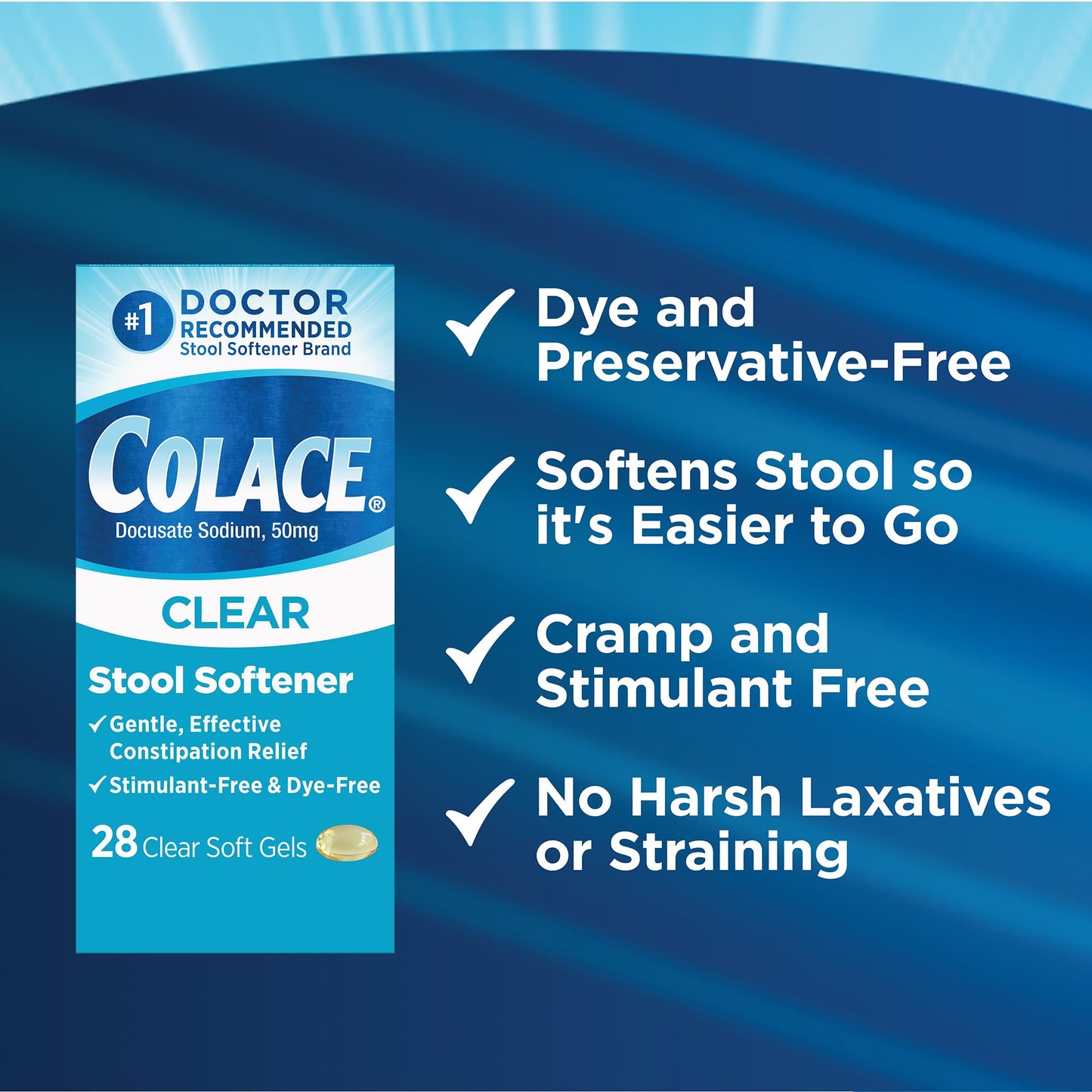 Colace Clear Dye-Free Stool Softener Soft Gel Capsules 50 mg – 28 Count | Doctor Recommended