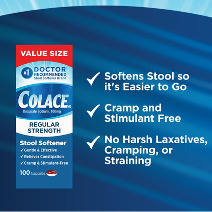 Colace Regular Strength Stool Softener 100 mg - #1 Doctor Recommended, Gentle Constipation Relief (100 Capsules)