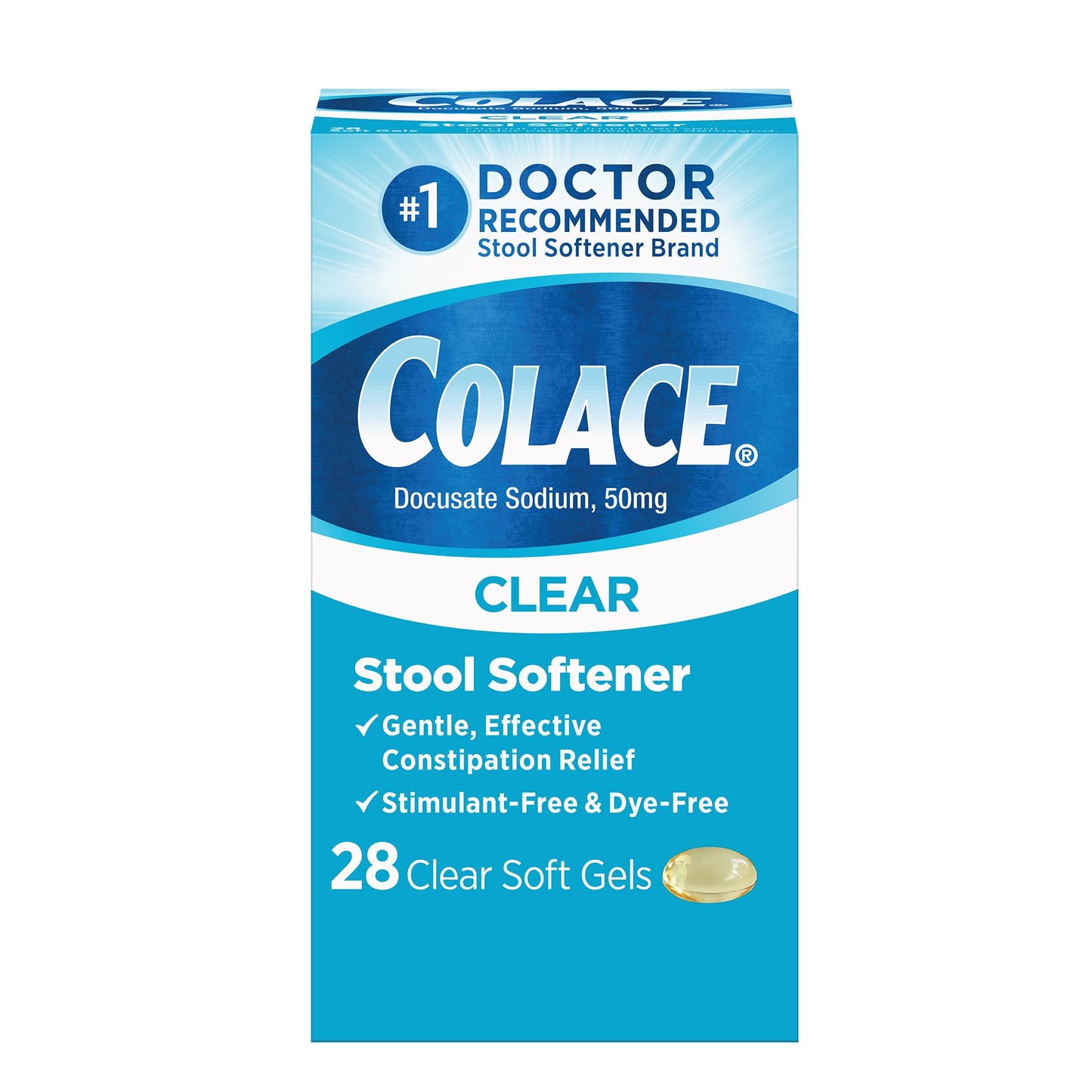 Colace Clear Dye-Free Stool Softener Soft Gel Capsules 50 mg – 28 Count | Doctor Recommended