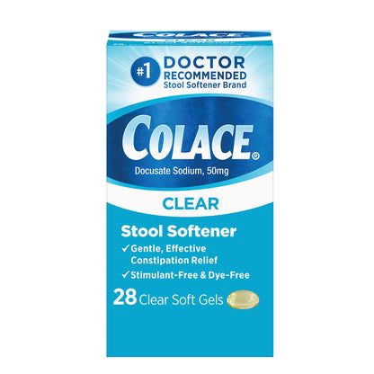 Colace Clear Dye-Free Stool Softener Soft Gel Capsules 50 mg – 28 Count | Doctor Recommended