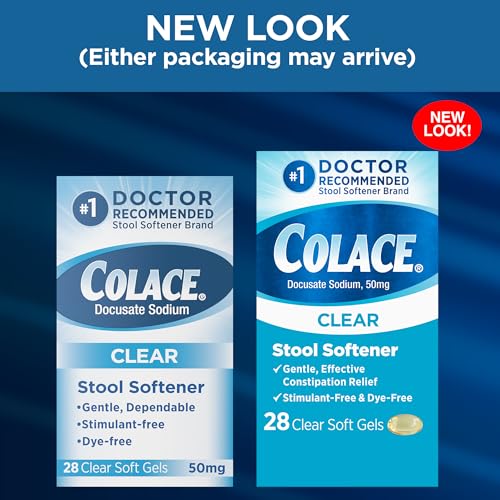 Colace Clear Dye-Free Stool Softener Soft Gel Capsules 50 mg – 28 Count | Doctor Recommended