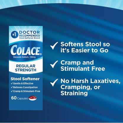 Colace Stool Softener 100 mg – 60 Capsules | Gentle, Doctor-Recommended, Stimulant-Free Relief