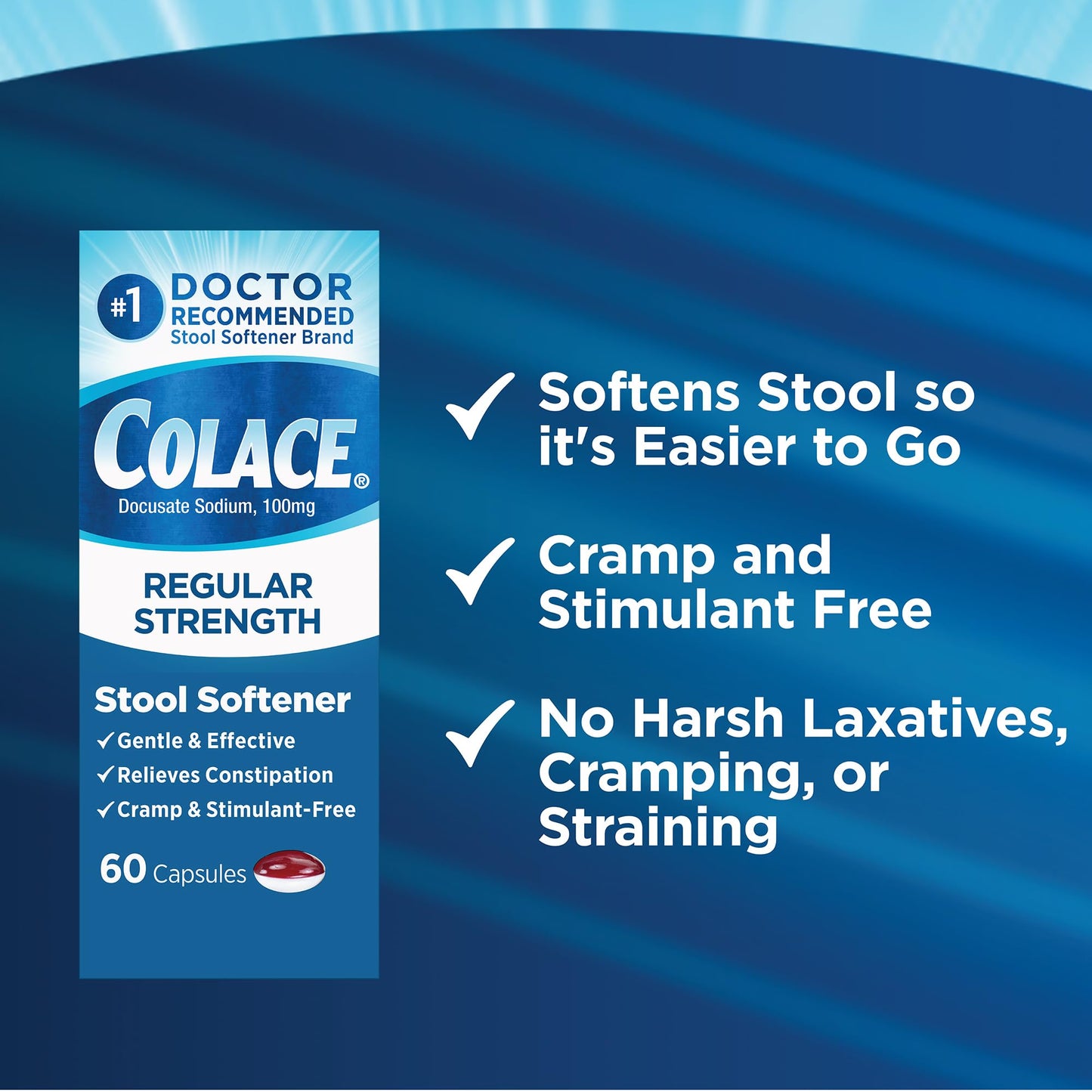 Colace Stool Softener 100 mg – 60 Capsules | Gentle, Doctor-Recommended, Stimulant-Free Relief
